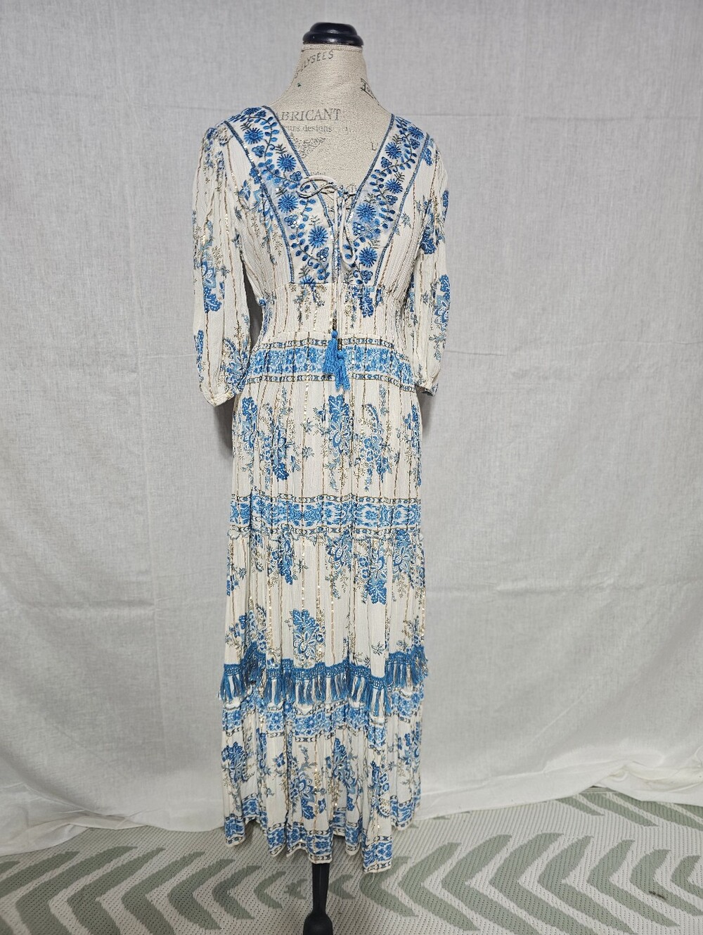 Cream and Blue Floral Lace-Up Maxi Dress